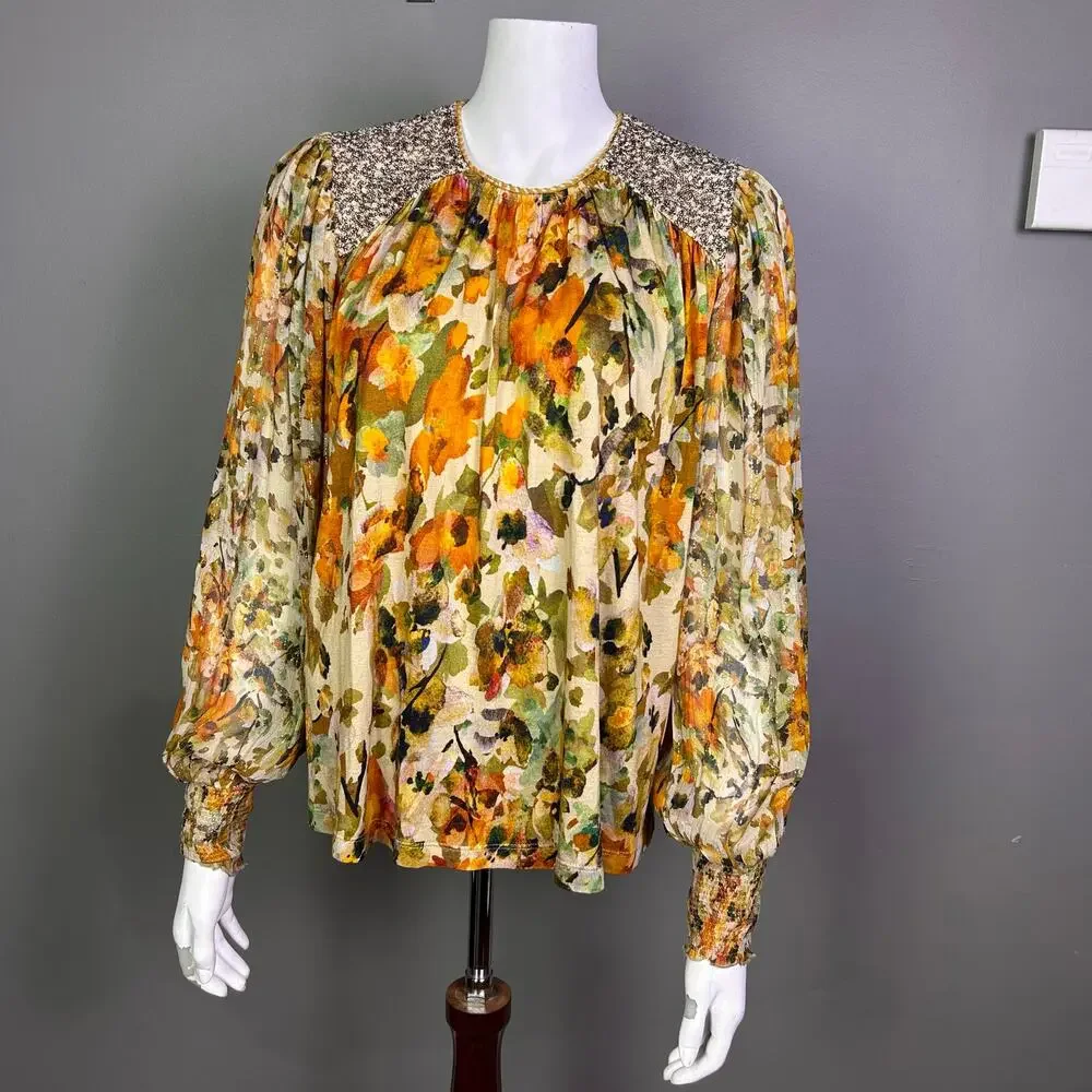 Blank London + Anthropologie top small boho cottagecore puff metallic yellow